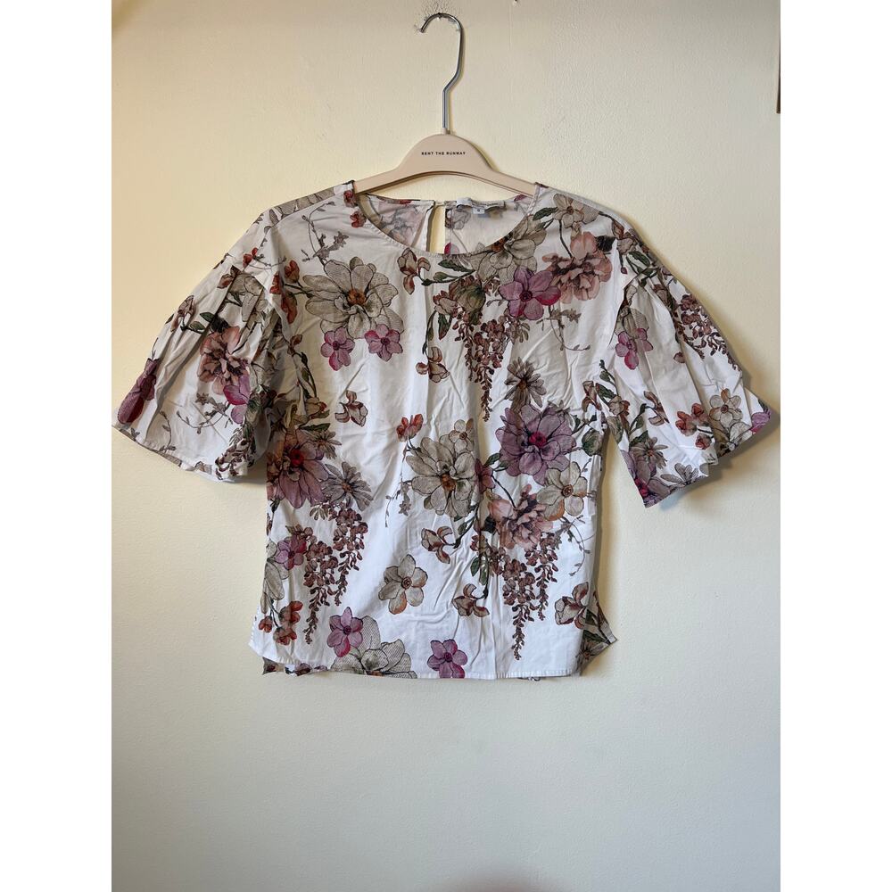 Adam Lippes Sz 0 White Floral Print Flutter Sleeve Round Neck Blouse Top spring - Picture 3 of 5